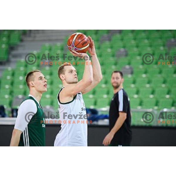 Klemen Prepelic, Jaka Blazic in action during training of the Slovenian national basketball team in Arena Stozice, Ljubljana, Slovenia on November 21, 2017