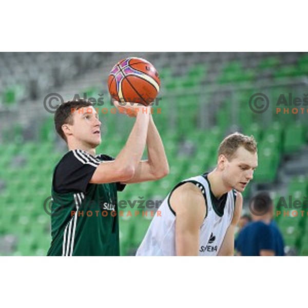 Blaz Makhovec, Jaka Blazic in action during training of the Slovenian national basketball team in Arena Stozice, Ljubljana, Slovenia on November 21, 2017