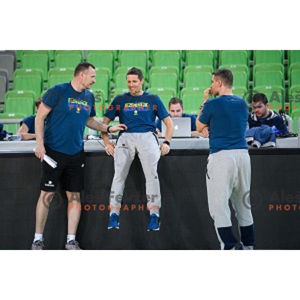 Rado Trifunovic, Jaka Lakovic, Jernej Valentincic in action during training of the Slovenian national basketball team in Arena Stozice, Ljubljana, Slovenia on November 21, 2017