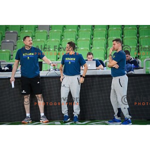 Rado Trifunovic, Jaka Lakovic, Jernej Valentincic in action during training of the Slovenian national basketball team in Arena Stozice, Ljubljana, Slovenia on November 21, 2017