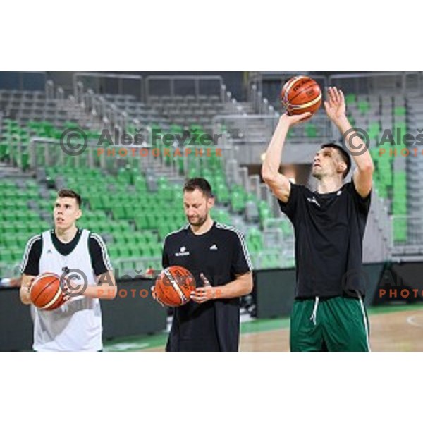 Vlatko Cancar , Sasa Zagorac, Gasper Vidmar in action during training of the Slovenian national basketball team in Arena Stozice, Ljubljana, Slovenia on November 21, 2017
