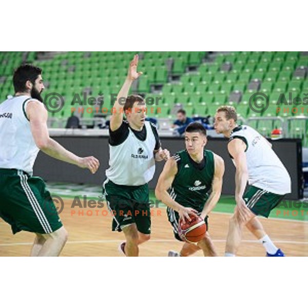 Miha Lapornik, Matic Rebec, Jaka Blazic in action during training of the Slovenian national basketball team in Arena Stozice, Ljubljana, Slovenia on November 21, 2017