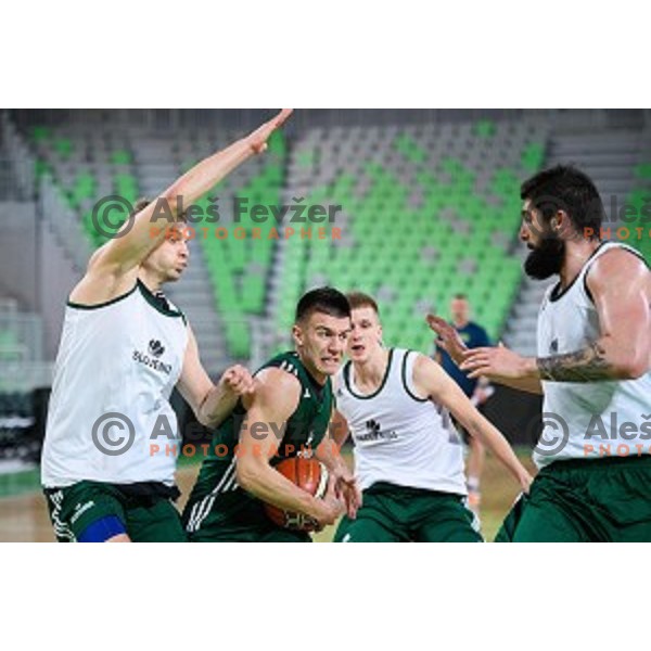 Jaka Blazic, Matic Rebec, Ziga Dimec in action during training of the Slovenian national basketball team in Arena Stozice, Ljubljana, Slovenia on November 21, 2017