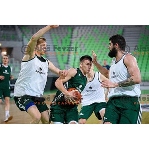 Jaka Blazic, Matic Rebec, Ziga Dimec in action during training of the Slovenian national basketball team in Arena Stozice, Ljubljana, Slovenia on November 21, 2017