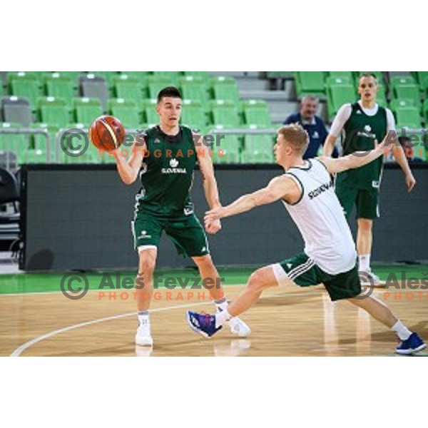 Matic Rebec, Luka Rupnik in action during training of the Slovenian national basketball team in Arena Stozice, Ljubljana, Slovenia on November 21, 2017