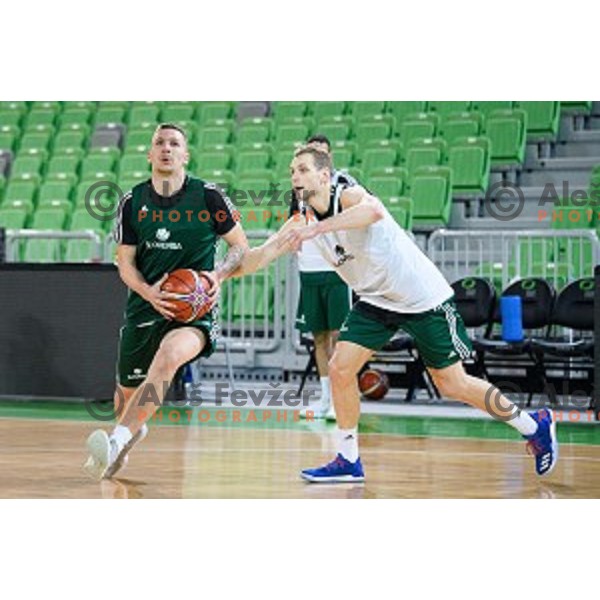 Gregor Hrovat, Jaka Blazic in action during training of the Slovenian national basketball team in Arena Stozice, Ljubljana, Slovenia on November 21, 2017