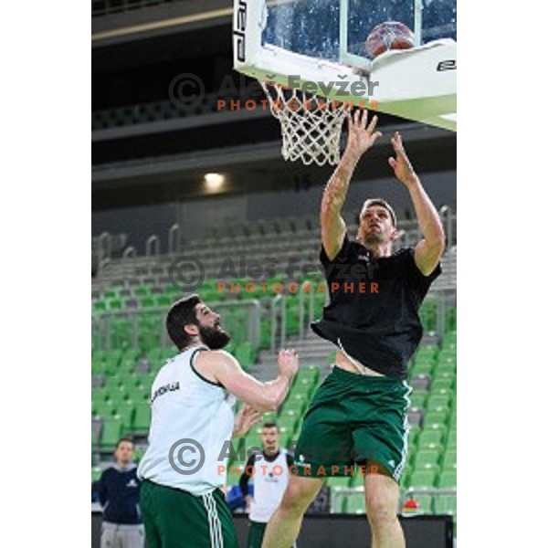 Ziga Dimec, Gasper Vidmar in action during training of the Slovenian national basketball team in Arena Stozice, Ljubljana, Slovenia on November 21, 2017