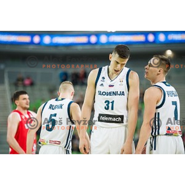 Vlatko Cancar, Klemen Prepelic in action during FIBA Basketball World Cup 2019 European qualifiers basketball match between Slovenia and Belarus, Stozice Arena, Ljubljana, Slovenia on November 24, 2017
