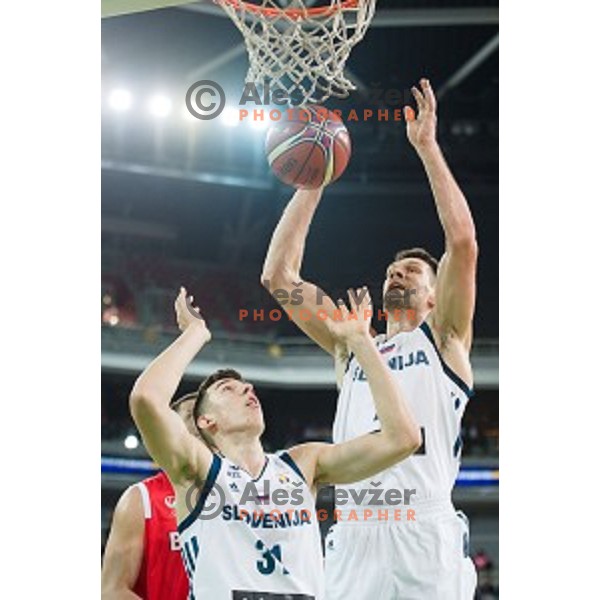 Vlatko Cancar, Gasper Vidmar in action during FIBA Basketball World Cup 2019 European qualifiers basketball match between Slovenia and Belarus, Stozice Arena, Ljubljana, Slovenia on November 24, 2017