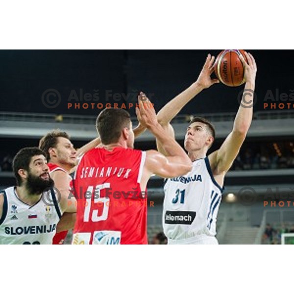 Ziga Dimec, Vlatko Cancar in action during FIBA Basketball World Cup 2019 European qualifiers basketball match between Slovenia and Belarus, Stozice Arena, Ljubljana, Slovenia on November 24, 2017