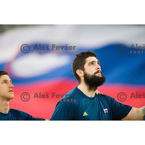 Blaz Makhovec, Ziga Dimec in action during FIBA Basketball World Cup 2019 European qualifiers basketball match between Slovenia and Belarus, Stozice Arena, Ljubljana, Slovenia on November 24, 2017
