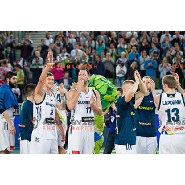 Blaz Makhovec, Sasa Zagorac in action during FIBA Basketball World Cup 2019 European qualifiers basketball match between Slovenia and Belarus, Stozice Arena, Ljubljana, Slovenia on November 24, 2017