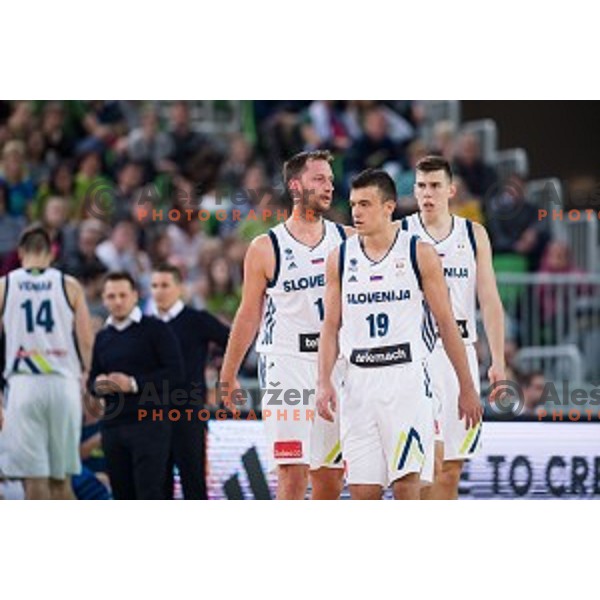 Sasa Zagorac, Zan Mark Sisko, Vlatko Cancar in action during FIBA Basketball World Cup 2019 European qualifiers basketball match between Slovenia and Belarus, Stozice Arena, Ljubljana, Slovenia on November 24, 2017
