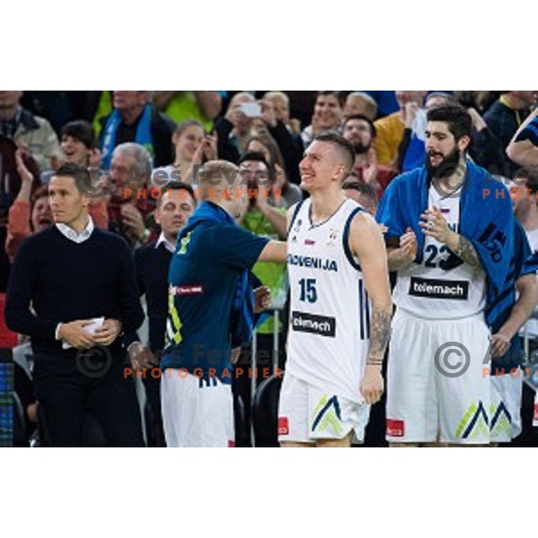 Gregor Hrovat, Ziga Dimec in action during FIBA Basketball World Cup 2019 European qualifiers basketball match between Slovenia and Belarus, Stozice Arena, Ljubljana, Slovenia on November 24, 2017