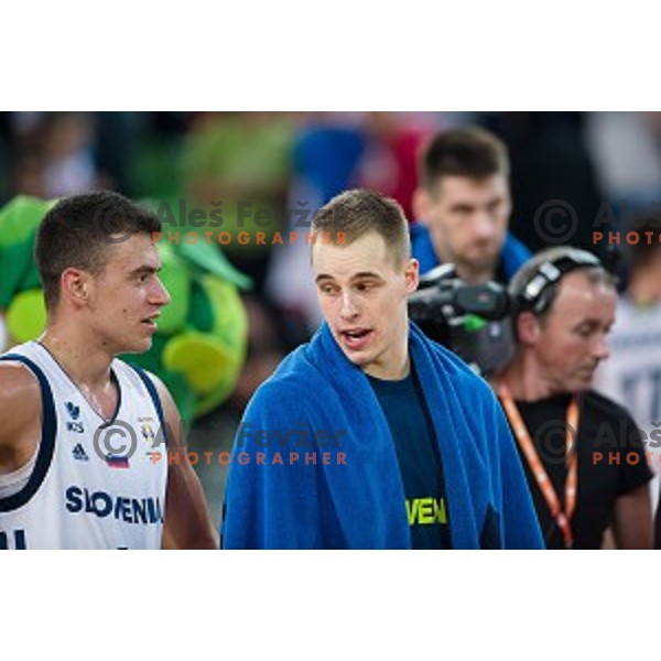 Zan Mark Sisko, Klemen Prepelic in action during FIBA Basketball World Cup 2019 European qualifiers basketball match between Slovenia and Belarus, Stozice Arena, Ljubljana, Slovenia on November 24, 2017