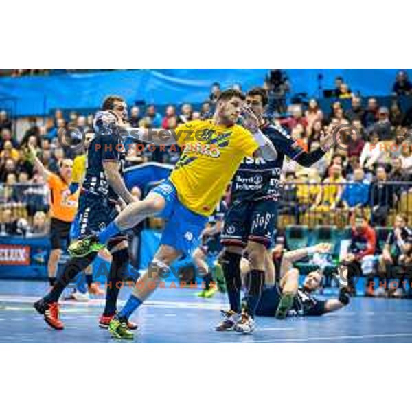 Matic Suholeznik of Celje in action during EHF Champions League 2017/18 handball match between Celje PL and Flensburg, played in Arena Zlatorog, Celje, Slovenia on November 26, 2017