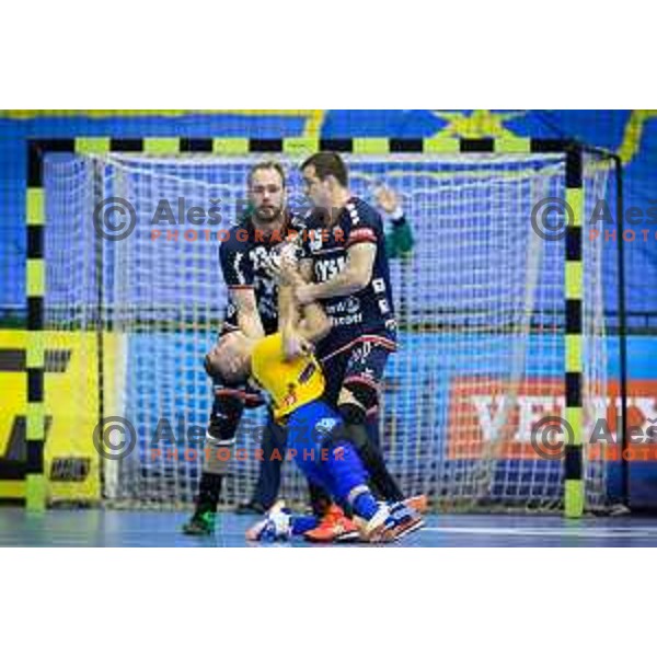 Domen Makuc of Celje in action during EHF Champions League 2017/18 handball match between Celje PL and Flensburg, played in Arena Zlatorog, Celje, Slovenia on November 26, 2017