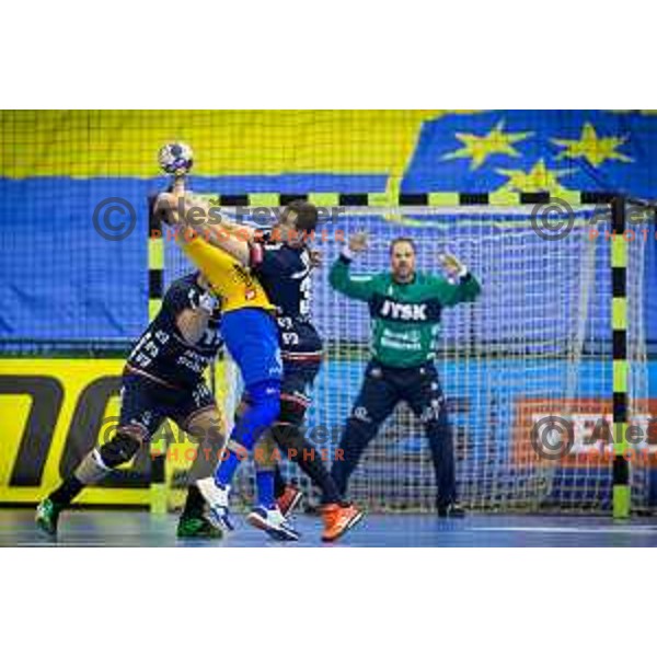 Domen Makuc of Celje in action during EHF Champions League 2017/18 handball match between Celje PL and Flensburg, played in Arena Zlatorog, Celje, Slovenia on November 26, 2017