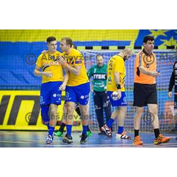 Domen Makuc and Ziga Mlakar of Celje in action during EHF Champions League 2017/18 handball match between Celje PL and Flensburg, played in Arena Zlatorog, Celje, Slovenia on November 26, 2017