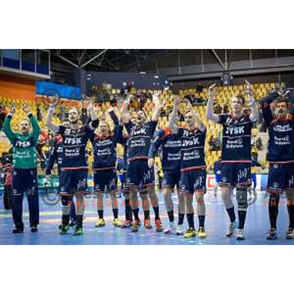 Mattias Andersson, Henrik Toft Hansen, Anders Zachariassen, Hampus Wanne, Simon Jeppsson and other players of Flensburg celebrating after EHF Champions League 2017/18 handball match between Celje PL and Flensburg, played in Arena Zlatorog, Celje, Slovenia on November 26, 2017