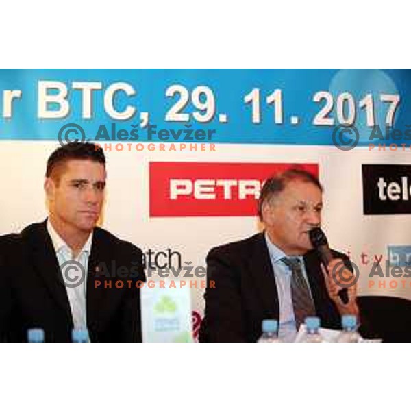 Gregor Krusic and Marko Umberger of Slovenia Tennis Federation at press conference in Ljubljana on November 29, 2017
