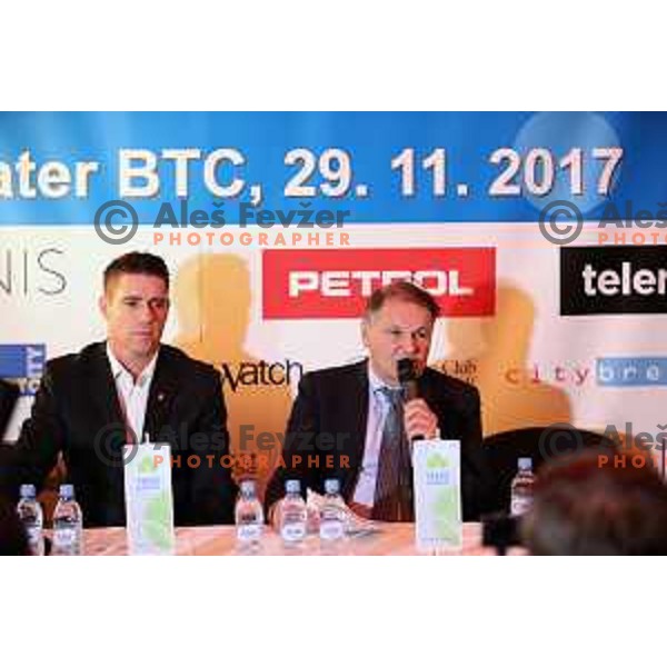 Gregor Krusic and Marko Umberger of Slovenia Tennis Federation at press conference in Ljubljana on November 29, 2017
