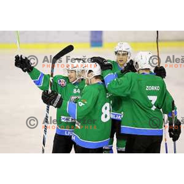 Andrej Hebar, Miha Zajc and Luka Zorko celebrate goal of SZ Olimpija during Alps League ice-hockey match between SZ Olimpija and Asiago in Tivoli Hall, Ljubljana, Slovenia on November 29, 2017