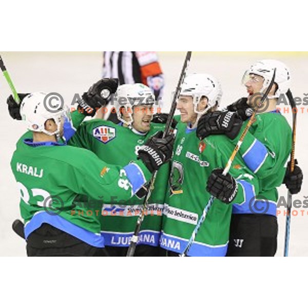 Andrej Hebar, Miha Zajc and Luka Zorko celebrate goal of SZ Olimpija during Alps League ice-hockey match between SZ Olimpija and Asiago in Tivoli Hall, Ljubljana, Slovenia on November 29, 2017