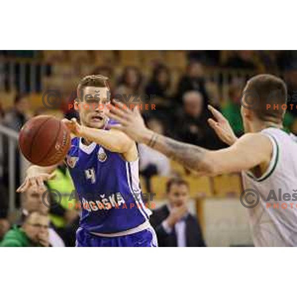Zan Kosic of Rogaska in action during Nova KBM league basketball match between Petrol Olimpija and Rogaska in Tivoli Hall, Ljubljana, Slovenia on December 1, 2017