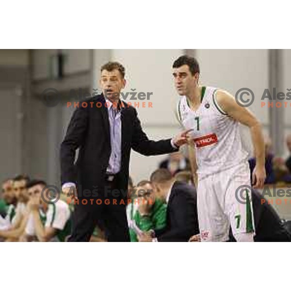 Gasper Okorn and Drazen Bubnic in action during Nova KBM league basketball match between Petrol Olimpija and Rogaska in Tivoli Hall, Ljubljana, Slovenia on December 1, 2017