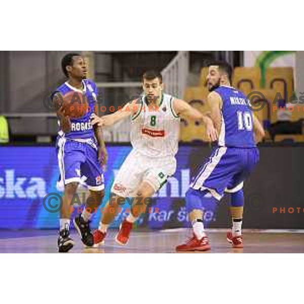 RAshun Davis, Roko Badzim and Mitja Nikolic in action during Nova KBM league basketball match between Petrol Olimpija and Rogaska in Tivoli Hall, Ljubljana, Slovenia on December 1, 2017