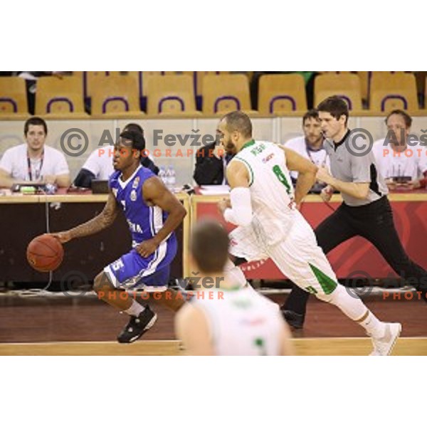 Rashun Davis and Jordan Morgan in action during Nova KBM league basketball match between Petrol Olimpija and Rogaska in Tivoli Hall, Ljubljana, Slovenia on December 1, 2017