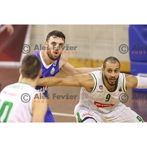 Dragan Djuranovic of Rogaska and Jordan Morgan in action during Nova KBM league basketball match between Petrol Olimpija and Rogaska in Tivoli Hall, Ljubljana, Slovenia on December 1, 2017