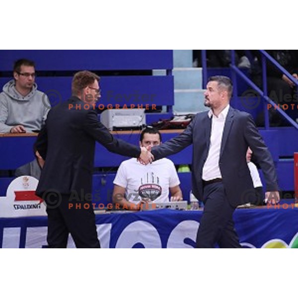 Gasper Okorn and Jovan Beader of Helios Suns in action during Nova KBM league basketball match between Helios Suns and Petrol Olimpija in Domzale Sports Hall, Slovenia on December 10, 2017