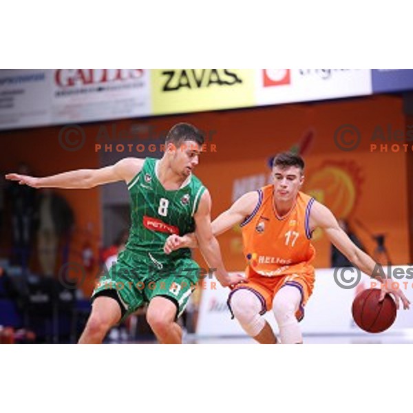 Roko Badzim and Nejc Klavzar of Helios Suns in action during Nova KBM league basketball match between Helios Suns and Petrol Olimpija in Domzale Sports Hall, Slovenia on December 10, 2017