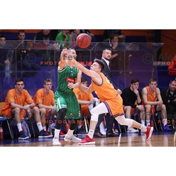 Jan Span and Nejc Klavzar in action during Nova KBM league basketball match between Helios Suns and Petrol Olimpija in Domzale Sports Hall, Slovenia on December 10, 2017