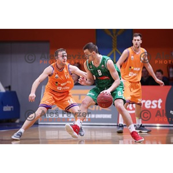 Jure Mocnik of Helios Suns and Roko Badzim in action during Nova KBM league basketball match between Helios Suns and Petrol Olimpija in Domzale Sports Hall, Slovenia on December 10, 2017