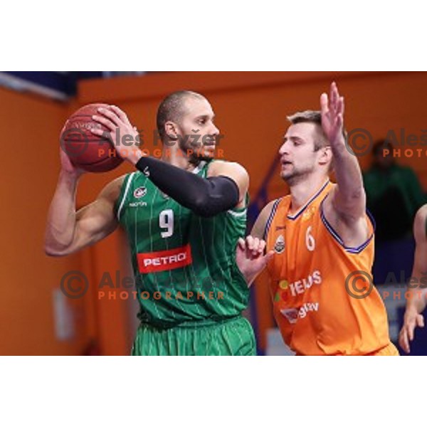 Jordan Morgan and Matej Rojc of Helios Suns in action during Nova KBM league basketball match between Helios Suns and Petrol Olimpija in Domzale Sports Hall, Slovenia on December 10, 2017