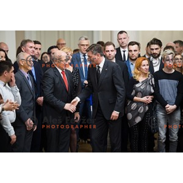 Miro Cerar, Bogdan Gabrovec, Borut Pahor during the reception of the president with Slovenian athletes at the office of the president of Slovenia, Ljubljana, Slovenia on December 12, 2017