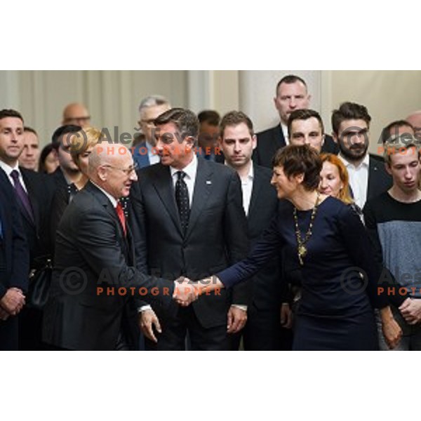 Bogdan Gabrovec, Borut Pahor, Maja Makovec Brencic during the reception of the president with Slovenian athletes at the office of the president of Slovenia, Ljubljana, Slovenia on December 12, 2017