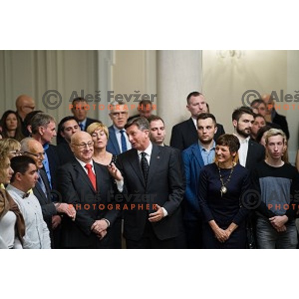 Bogdan Gabrovec, Borut Pahor, Maja Makovec Brencic during the reception of the president with Slovenian athletes at the office of the president of Slovenia, Ljubljana, Slovenia on December 12, 2017