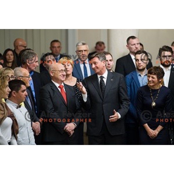 Bogdan Gabrovec, Borut Pahor, Maja Makovec Brencic during the reception of the president with Slovenian athletes at the office of the president of Slovenia, Ljubljana, Slovenia on December 12, 2017