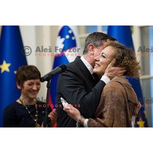Borut Pahor, Ilka Stuhec during the reception of the president with Slovenian athletes at the office of the president of Slovenia, Ljubljana, Slovenia on December 12, 2017