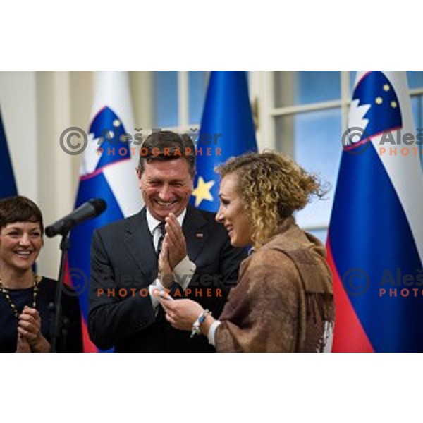 Borut Pahor, Ilka Stuhec during the reception of the president with Slovenian athletes at the office of the president of Slovenia, Ljubljana, Slovenia on December 12, 2017