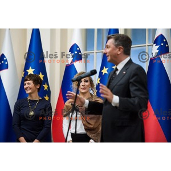 Maja Makovec Brencic, Ilka Stuhec, Borut Pahor during the reception of the president with Slovenian athletes at the office of the president of Slovenia, Ljubljana, Slovenia on December 12, 2017