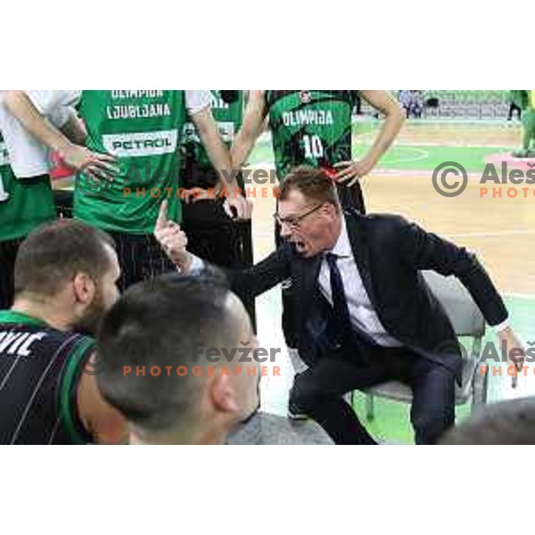 Gasper Okorn, head coach of Petrol Olimpija in action during FIBA Champions League basketball match between Petrol Olimpija and Sig Strasbourg in Stozice Hall, Ljubljana on December 12, 2017