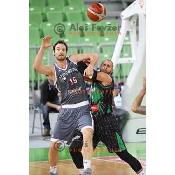 Miro Bilan and Jordan Morgan of Petrol Olimpija in action during FIBA Champions League basketball match between Petrol Olimpija and Sig Strasbourg in Stozice Hall, Ljubljana on December 12, 2017