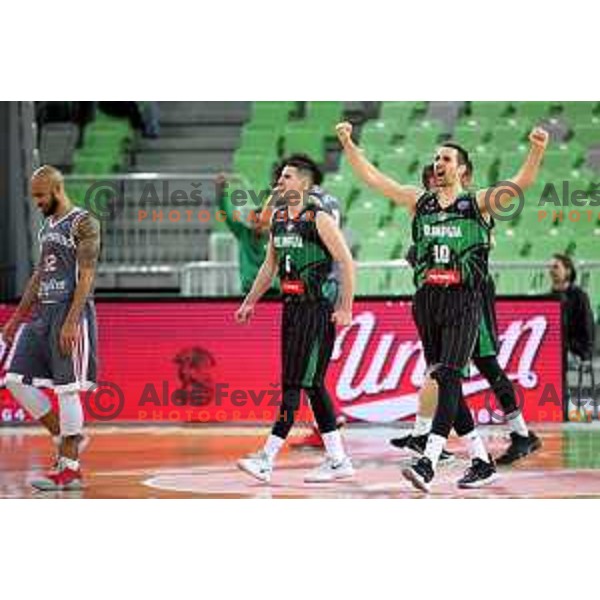 Jan Span and Domen Lorbek of Petrol Olimpija celebrate victory at FIBA Champions League basketball match between Petrol Olimpija and Sig Strasbourg in Stozice Hall, Ljubljana on December 12, 2017