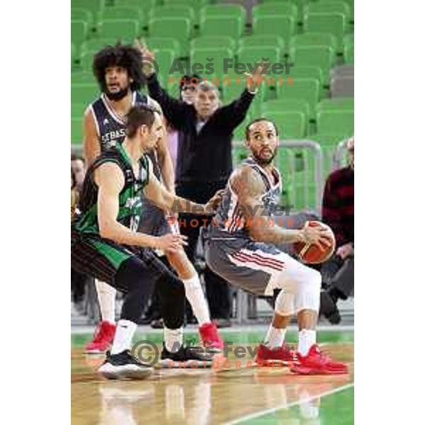 Domen Lorbek of Petrol Olimpija and Zach Wright in action during FIBA Champions League basketball match between Petrol Olimpija and Sig Strasbourg in Stozice Hall, Ljubljana on December 12, 2017