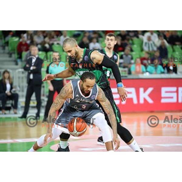 Zach Wright and Jordan Morgan of Petrol Olimpija in action during FIBA Champions League basketball match between Petrol Olimpija and Sig Strasbourg in Stozice Hall, Ljubljana on December 12, 2017
